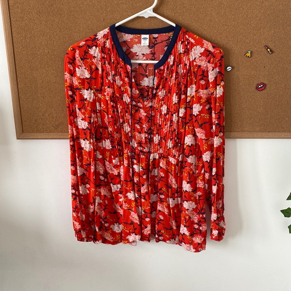 Red and Navy Blue Floral Blouse